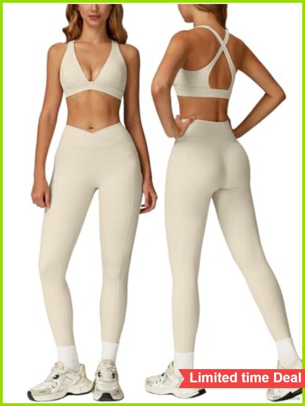 Two Piece Workout Set Deep V Sports Bra Crossover Leggings Pockets